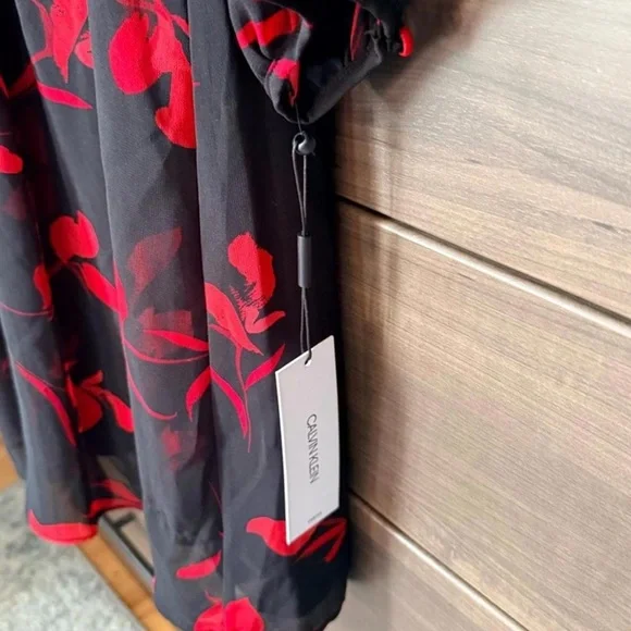 NWT Calvin Klein Black Dress with Red Floral Design - Picture 3 of 7